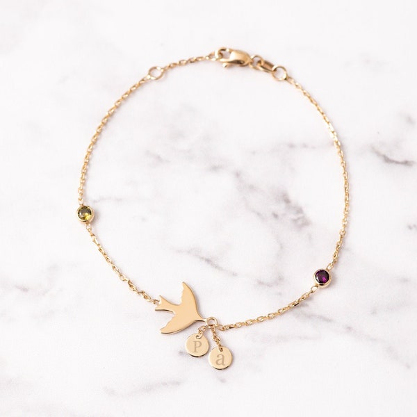 14k Solid Gold Personalized Initial Disc Bird Bracelet, Custom Letter Birthstone Swallow Bracelet, Engraved Initial Mini Disc Bracelet