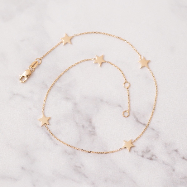 14k 18k Solid Gold 2 3 4 5 Star Anklet, Celestial Dainty Stars Anklet, Station 14k Gold Star Anklet Yellow Rose and White Gold Gift for Her