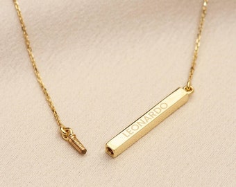 14K 18K Gold Custom Horizontal Cremation Urn Bar Necklace, 4 Side Engraved Memorial Necklace, Engrave Name Date Coordinate Funeral Necklace