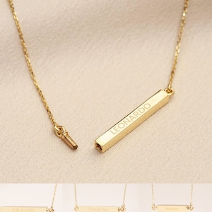 14K 18K Gold Custom Horizontal Cremation Urn Bar Necklace, 4 Side Engraved Memorial Necklace, Engrave Name Date Coordinate Funeral Necklace image 1