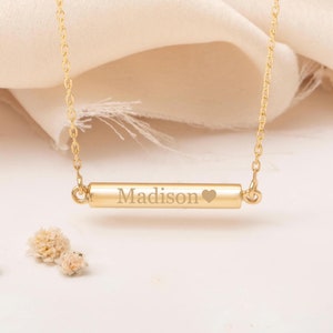 14K 18K Gold Cremation Urn Horizontal Cylinder Bar Necklace, Custom Name Date Mom Dad Paw Print Engraved Memorial Funeral Necklace for Her