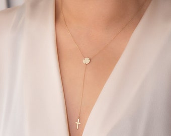 Delicate 14K Solid Gold Cross Lariat Necklace - Tiny Initial Disc - Elegant Y Necklace for Women - Perfect Gift