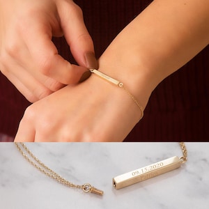 14K 18K Real Gold Custom Cremation Urn Bar Bracelet, 4 Side Engrave Memorial 3D Bracelet, Engrave Name Date Coordinate Funeral Gold Bracelet