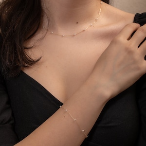 14k Gold Pearl Necklace Bracelet Set, Dainty Freshwater Bridal Pearl Set, Tiny Pearl Bracelet Necklace or Both Set, Bridesmaid Gifts for Her