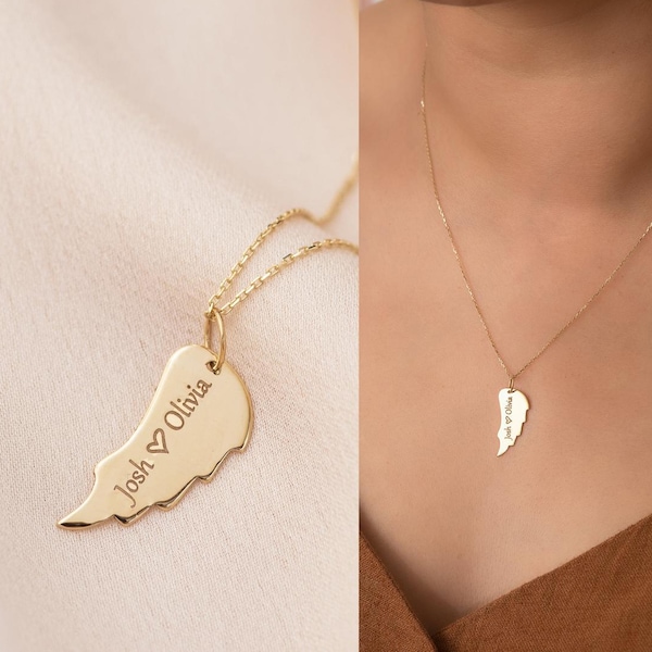 14k Solid Gold Custom Engrave Angel Wing Necklace, Plain Real Gold Wing Memorial Necklace, Dainty Gold Personalized Wing Keepsake Necklace