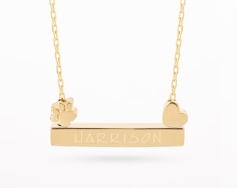 Collar de barra vertical personalizado de oro de 14K/18K con dijes de pata de estrella y cruz de corazón: nombre grabado personalizado, collar familiar de barra 3D, regalo para todos