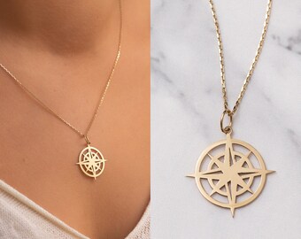 14k Solid Gold Compass Necklace, North Star Pendant, Dainty Compass Charm Necklace 30th Birthday Gift. Gift For Christmass