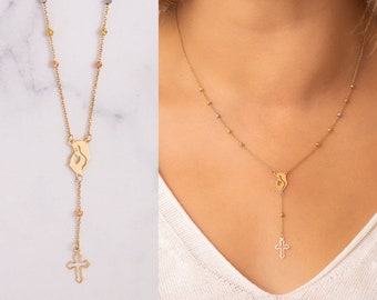 14K Solid Gold Mother and Child Rosary Lariat Necklace, Real Gold Rosary Cross Necklace, Beaded Satellite Chain Necklace Gift For Mother