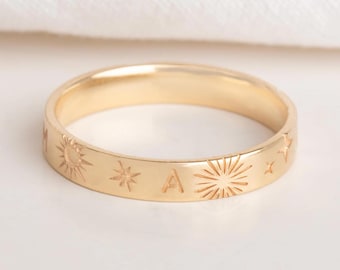 Celestial Balance-ring, 10K 14K 18K gouden zon- en maanband, maancyclussieraden, kosmische ring, astrologiecadeau voor haar, wit roségeel goud