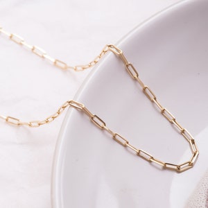 14k Solid Gold Büroklammer Kette, zierliche solide Gliederkette Halskette, zarte Rechteck Schichtung Büroklammer längliche Gliederkette Geschenk für sie