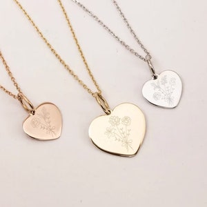 Personalized Combined Birth Flower Bouquet Necklace in 14K 18K Solid Gold, 2 Side Engraved Birth Flower Family Heart Pendant Gift for Women