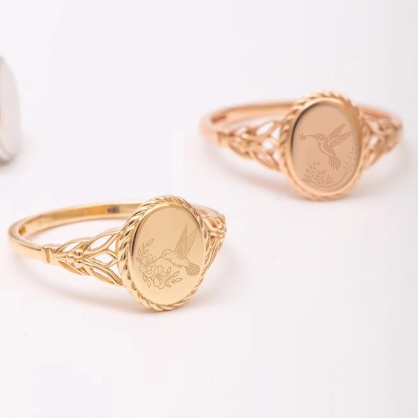 Vintage Hummingbird Engraved Ring, 10K 14K 18K Solid Gold – Nature-Inspired Oval Signet Jewelry