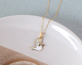 14k Solid Gold Dove Necklace, Dainty White Dove Pendant, Tiny Bird Necklace, Animal Lover Necklace, Handmade Everyday Jewelry, Gift For Her