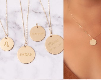 14K Solid Custom Engrave Disk Necklace, Personalized Dainty Solid Gold Charm Pendant, Real Gold 2 Side Engravable Multi Disc Pendant Gift