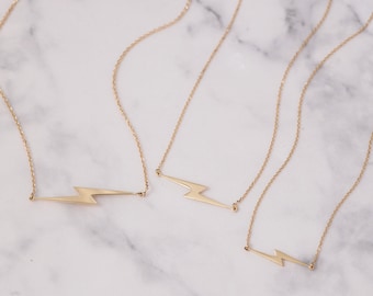 14k Solid Gold Lightning Bolt Necklace, Gold Choker Dainty Sideways Lightning Necklace, Lightning Bolt Charm Necklace Great Gift For Her