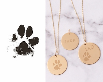 14K Solid Actual Dog Cat Paw Nose Print Necklace, Personalized Dainty Disc Pendant Necklace, Engravable Custom Pet Paw Print Necklace Gift