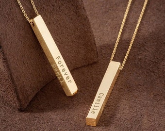 14K 18k Real Gold Personalized Vertical 3 cm Bar Necklace, 4 Side Custom Name Engrave Necklace, 3D Bar Family Necklace, Personalize Gift for