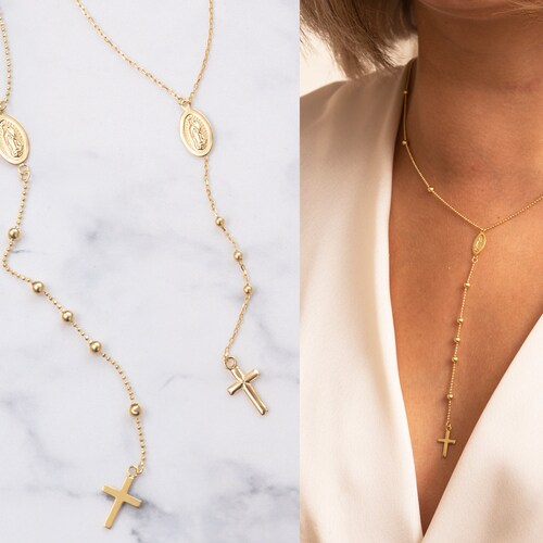 14K Solid Gold Catholic Rosary Lariat 