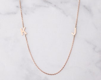 14k Solid Gold 2 3 4 5 Letter Necklace, 14k Solid Gold Sideways Initial Necklace, Choker Personalized Sideways Initial Letter Gold Necklace