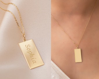 14k Solid Gold Custom Rectangular Tag Necklace, Personalized Name Charm Necklace is Available for Name Coordinate Date or Handwriting Names