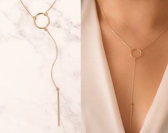 14k Solid Gold Drop Bar Lariat Necklace, Open Circle Lariat Gold Necklace, Vertical Long Lariat Necklace, Delicate Y Necklace Gift for Her