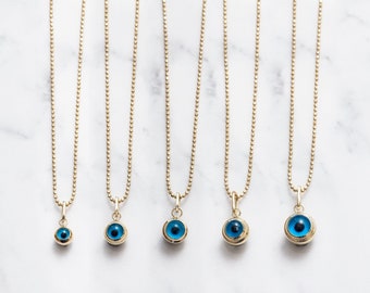 14k Yellow Gold Evil Eye Pendant, Solid Gold Evil Eye Charm, Turkish Eye Greek 6 7 8 9 10 mm Blue Eye Ball Chain Necklace Great Gift For Her