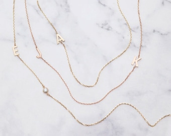 Sideways Initial Gold Necklace, 14k Solid Gold Initial Letter Necklace, Personalized Multiple Letter Necklace, Personalize Bridesmaid Gift.