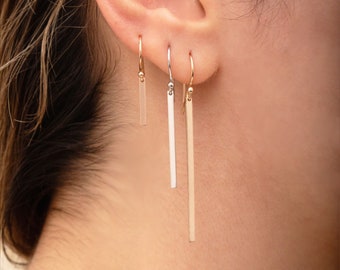 Delicados pendientes colgantes de barra simple 14K 18K oro macizo barra delgada pendientes de palo colgante largo línea minimalista delgada pendientes diarios regalo para ella