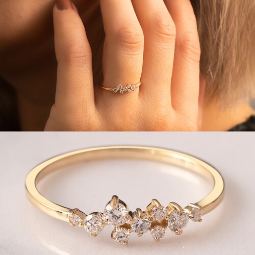 Gold Ocean Wave Ring For Women - 14K Gold Plated Cubic Zirconia Minimalist Stacking Band