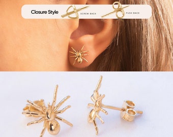 14K 18K Real Gold Spider Screwback Earrings, Spooky Creepy Stud Gold Earring, Halloween Spider Earrings Great Gift For Women, Christmas Gift