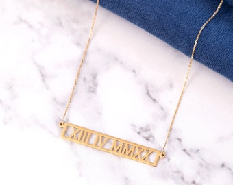 14k 18k Solid Gold Custom Roman Numeral Necklace, Personalized Wedding Keepsake Date Coordinates Necklace, Horizontal Necklace Gift for Her