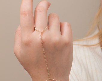 Diamond Cut Glitter Chain Hand Bracelet, 14K Solid Gold Pattern Flat Link Chain Finger Bracelet, Hand Jewelry Chain Ring Bracelet For Women