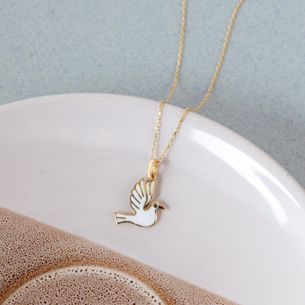 14k Solid Gold Dove Necklace, Dainty White Dove Pendant, Tiny Bird Necklace, Animal Lover Necklace, Handmade Everyday Jewelry, Gift For Her