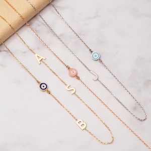 Collar con inicial de oro macizo de 14 k, collar de oro con letra personalizada de lado a lado con mal de ojo, el collar con inicial personalizada de lado es un gran regalo para ella