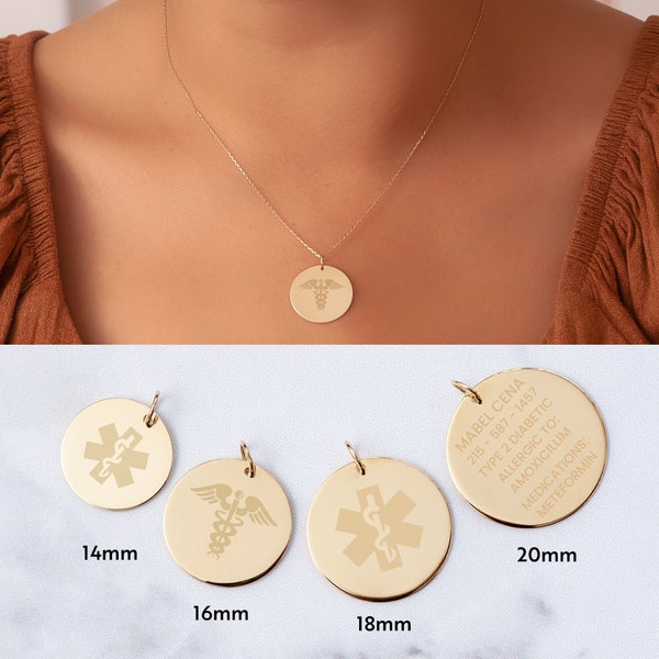 14 Karat Real Gold Custom Engrave Medical Alert Necklace, Medical ID Pendant Necklace, Medic Alert Personalized Disc Solid Gold Pendant Gift