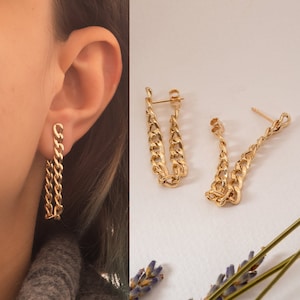 14K Yellow Gold Curb Chain Earring, Gourmet Cuban Chain Dangle Earrings, Dainty Everyday Chain Earring, Long Chunky Chain Gold Earrings For