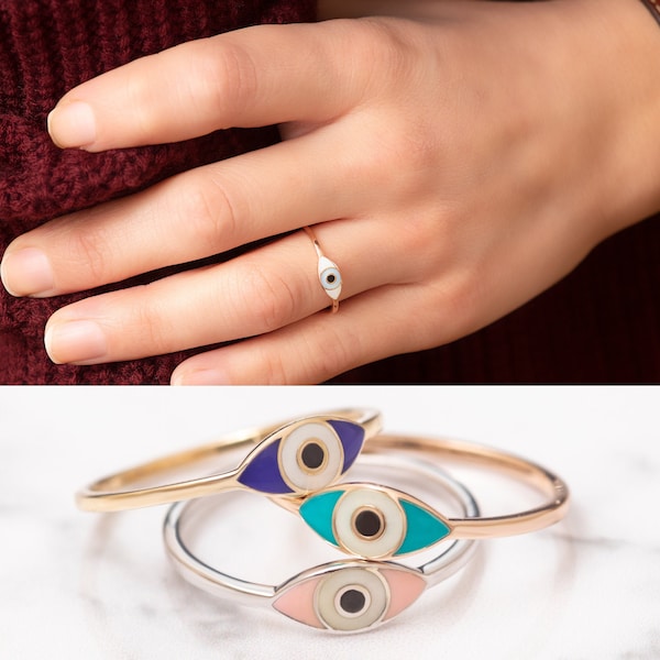 14k Solid Gold Enamel Evil Eye Ring, Dainty Turkish Eye Ring is Great Gift For Her. Stackable Evil Eye Minimalist Gold Ring