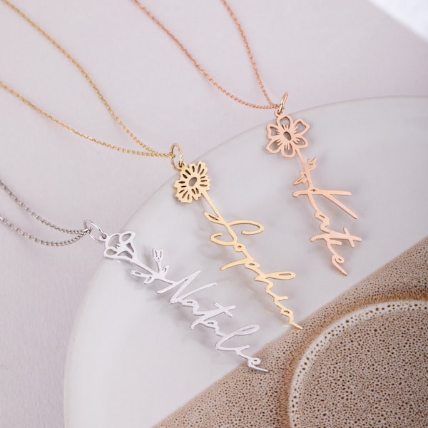 14K 18K Solid Gold Custom Dainty Birth Flower Necklace, Minimal Floral Name Pendant, Personalized Name Necklace, Perfect Gift For Her