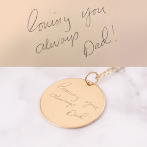 Collar con colgante de escritura a mano grabada en oro macizo de 14 k, disco de firma conmemorativa, colgante de disco manuscrito personalizado, regalo de pérdida