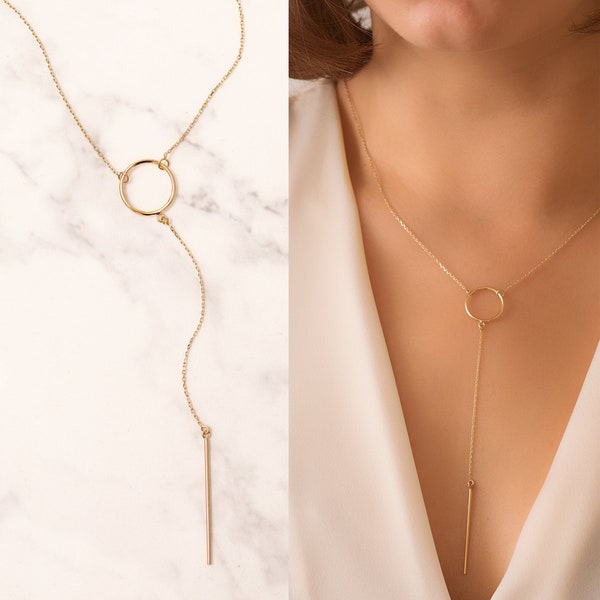 14k Solid Gold Drop Bar Lariat Necklace, Open Circle Lariat Gold Necklace, Vertical Long Lariat Necklace, Delicate Y Necklace Gift for Her