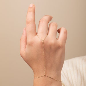Thin Curb Chain Hand Bracelet, 14K Solid Gold Delicate Cuban Slave Bracelet, Body Jewelry, Finger Bracelet, Gourmet Chain Ring Set for Women