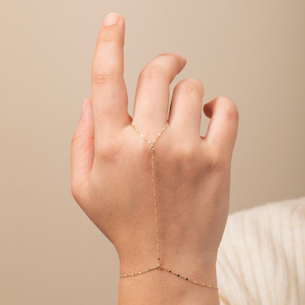 Thin Curb Chain Hand Bracelet, 14K Solid Gold Delicate Cuban Slave Bracelet, Body Jewelry, Finger Bracelet, Gourmet Chain Ring Set for Women