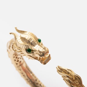 14K Real Gold Dragon Bangle Bracelet, Cuff Bangle Bracelet, Bali Dragon Head Hollow Bangle Bracelet, Talisman Bracelet, Viking Arm Ring