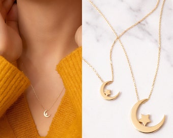 14k 18k Real Gold Moon and Star Necklace, Crescent Moon and Star Pendant, Gold Star and Crescent Moon Pendant, Gift For Christmas, For Her