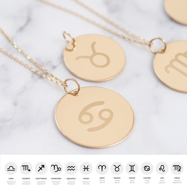 14K Solid Gold Custom Zodiac Necklace, Engrave Zodiac Coin Necklaces, Zodiac Signs Couples Gold Necklace Set, Horoscope Disc Necklace Gift