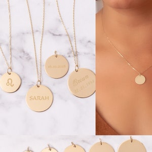 14K Solid Custom Engrave Disk Necklace, Personalized Dainty Solid Gold Charm Pendant, Real Gold 2 Side Engravable Multi Disc Pendant Gift image 1