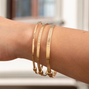 Hinged Bracelet 14K Solid Gold, Custom Name Date Engraved Plain Gold Bangle, Stacking Solid Gold Cuff, Personalized Engrave Bangle Bracelet