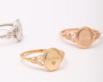 14K 18K Real Gold Engraved Signet Ring, Custom Name Logo, Personalized Jewelry