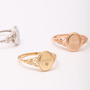 Anillo de sello con nombre y fecha grabados en oro real de 10 quilates, 14 quilates y 18 quilates, con logotipo personalizado, anillo con letra, regalo de cumpleaños para mejores amigos.