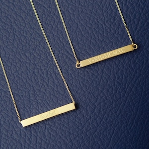 Personalized Horizontal Bar 14K Solid Gold Necklace, Four Sided Name Necklace, Solid Gold 3D Horizontal Bar Necklace, Engrave coordinate.